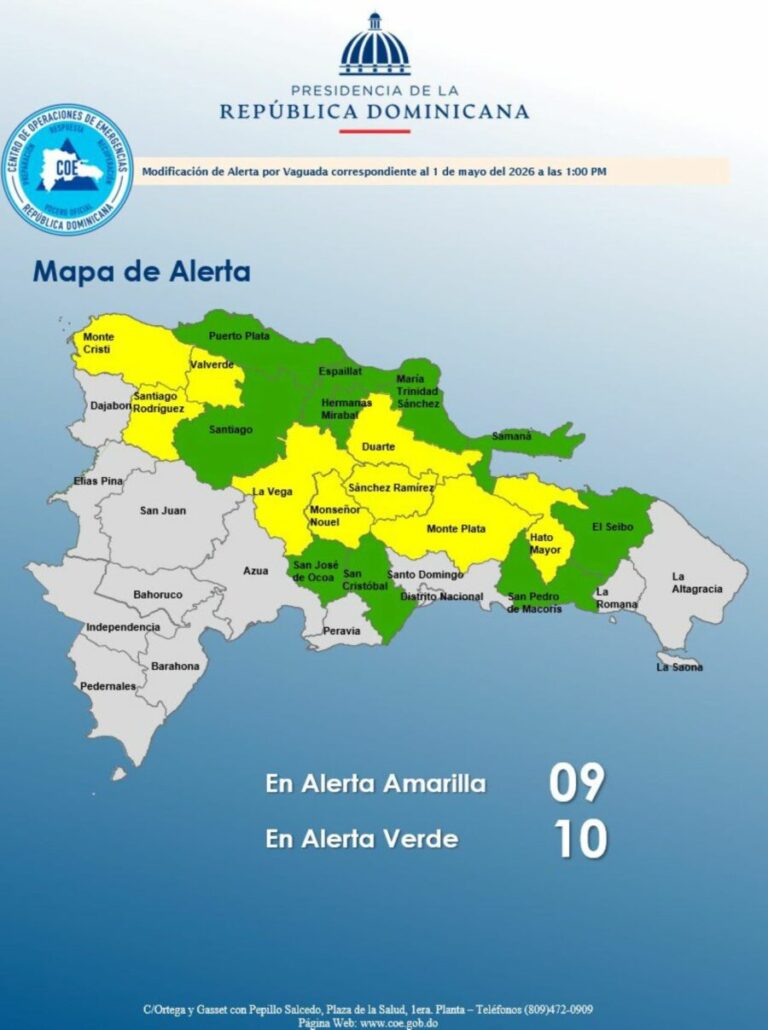 COE mantiene este viernes 19 provincias bajo alerta por incidencia de una vaguada asociada a un sistema frontal